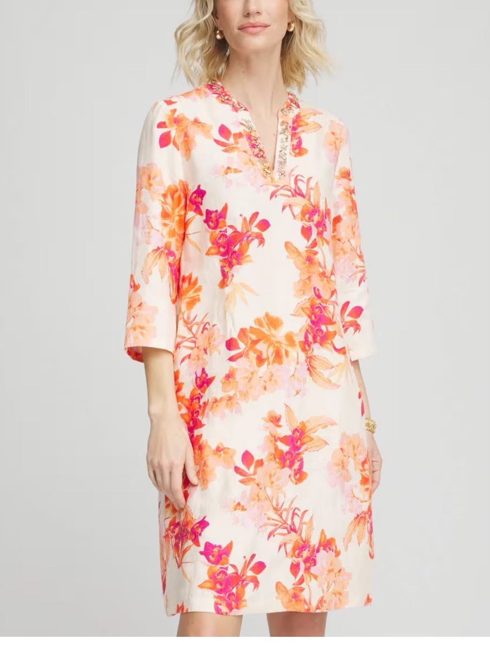 Chico's 100% Linen Kurta Embellished floral /coastal Tunic Dress Sz 1.5 (US 10)